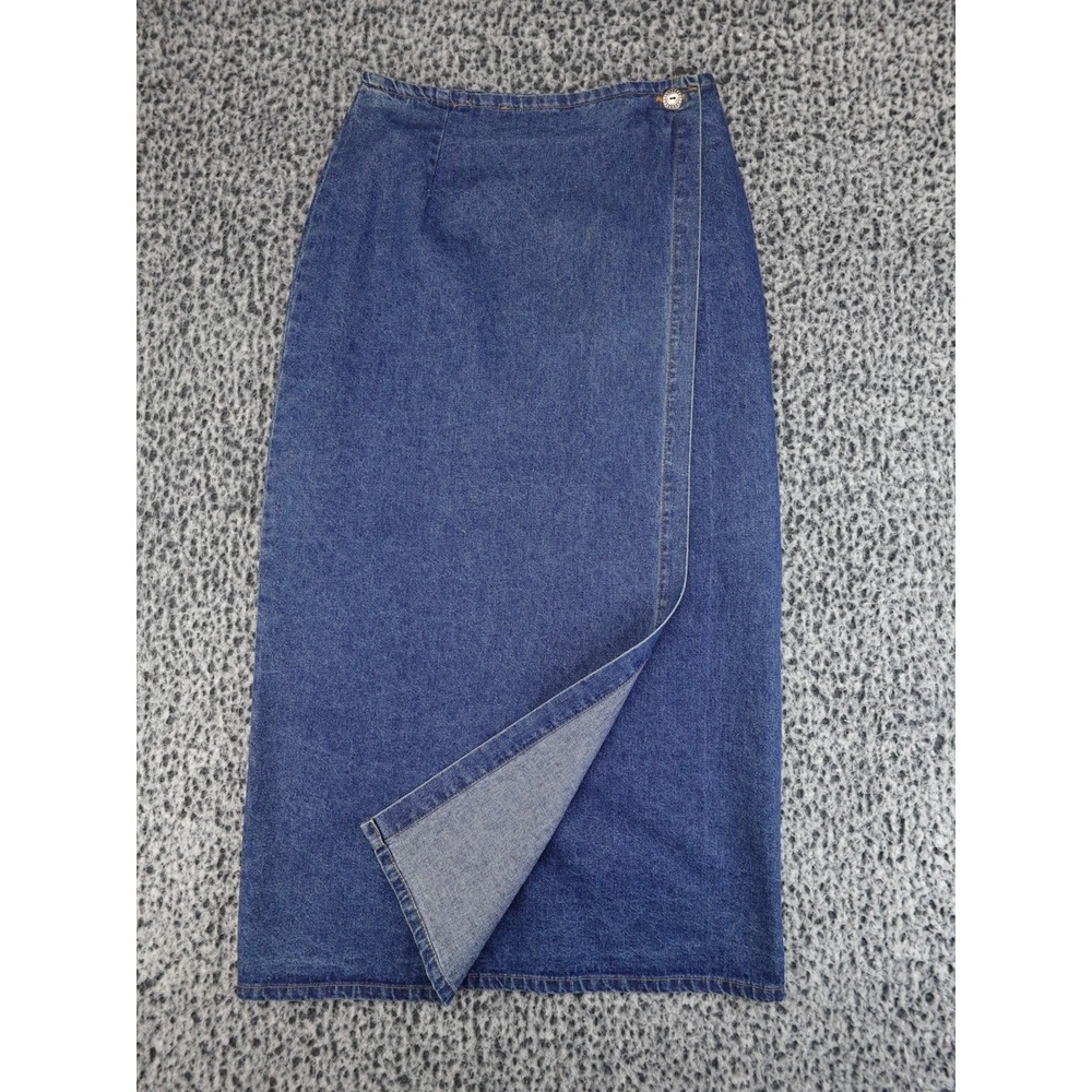 Vivaldi Jeanswear Denim Maxi Skirt Womens 8 Blue Good Vintage Wrap Front 90s USA